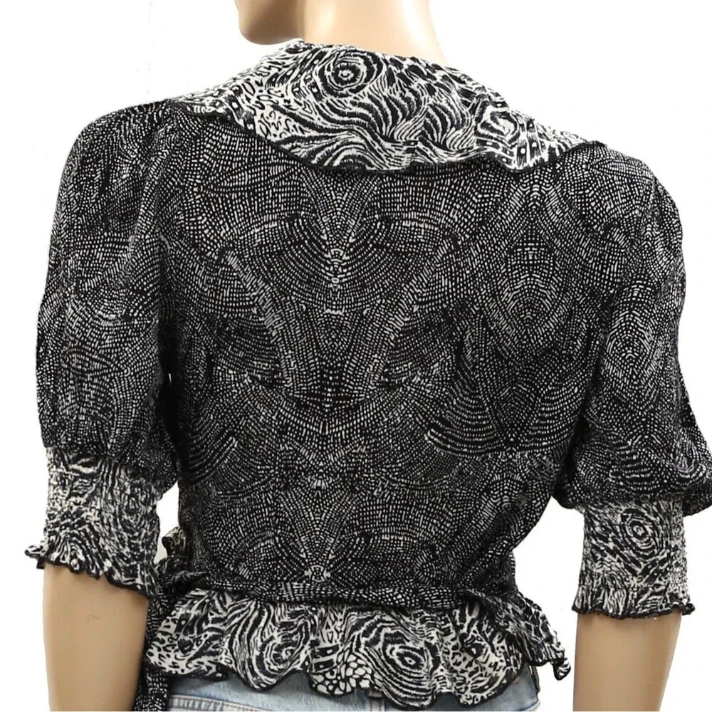 Free People Nully Olivia Wrap Top Blouse Short-Sleeves Black Printed S 287036 - Picture 8 of 9
